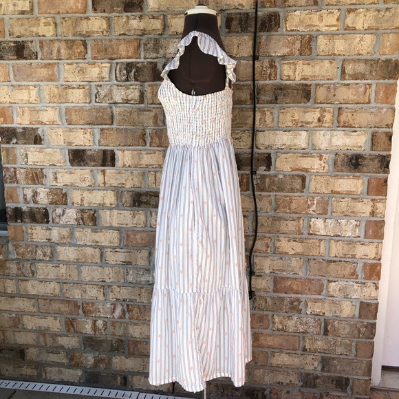 Loft Cotton Blend Clip Stripe Smocked Ruffle Pockets Lined Breeze Midi Dress S - Picture 6 of 16